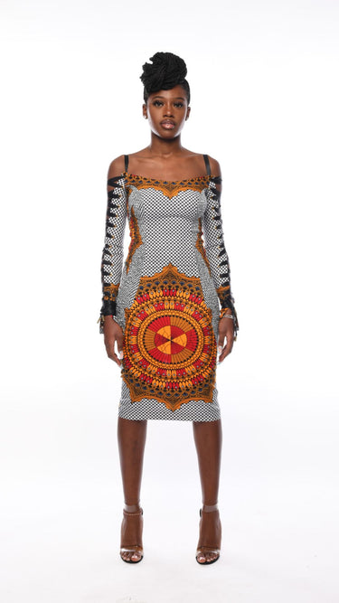 SUNRAY Shirred Ankara & Eyelet Bodycon Midi Dress